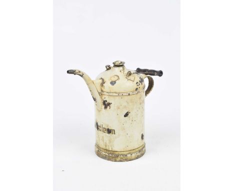 A vintage engine priming tap filling kettle Of cylindrical form with loop handle curved spout and swing handle, 22cm high.