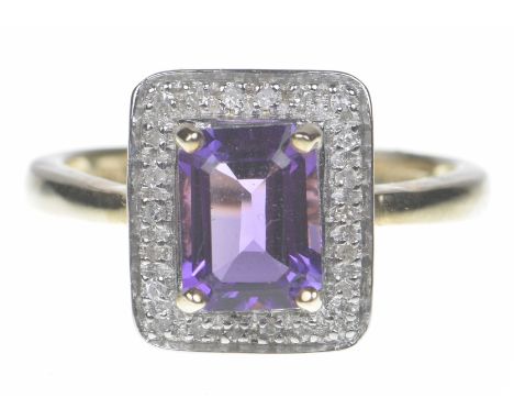 A 9ct gold amethyst and diamond cluster ringThe rectangular shape amethyst within a single cut diamond surround. Estimated to