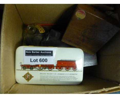 Collectables : Box of nik-naks, railway related tin with contents, all sorts, Winston Churchill box and much more.