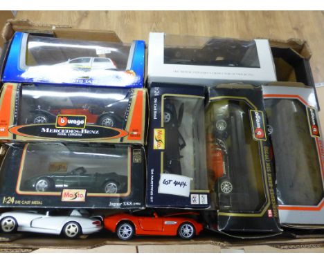 Die-cast : 9 x 1:24 scale Burago, Maisto models, 7 boxed, all good cond.