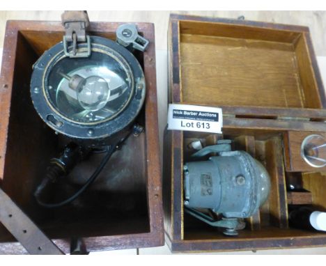 Collectables : Aldis signalling lamp and Binale Compass with fuses and oil, both within wooden boxes - good order.