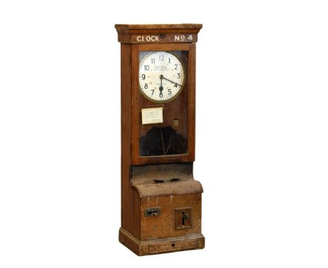 National Time Recorder Co Ltd oak-cased clocking-in clock with white Arabic dial over cast mechanism, the frieze inscribed 'C