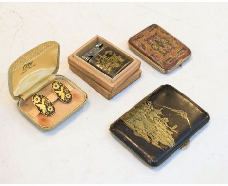 Japanese base metal cigarette case, similar cigarette lighter etc   Condition: 