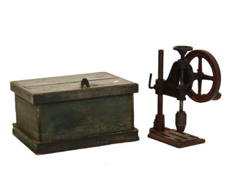 Vintage manual drill with crank handle together with a green painted tool chest and sundry tools to include; a brass mounted 
