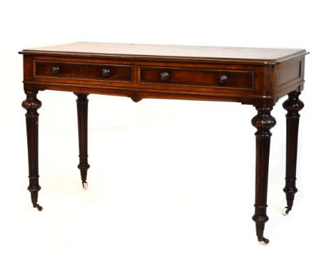 19th Century mahogany side table, the rounded moulded oblong top over two frieze drawers with wooden knob handles on fluted t