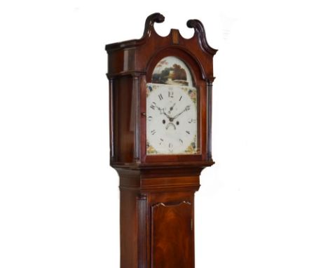 19th Century mahogany longcase clock, the hood with swan neck pediment, glazed door flanked by fluted pillars, the trunk with