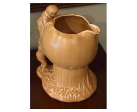 Sylvac light brown glazed jug formed as a toadstool, the handle formed as two pixies, base with impressed marks and number 19