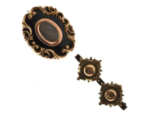 Victorian unmarked yellow metal and black enamel mourning brooch with central hair panel together with another brooch   Condi