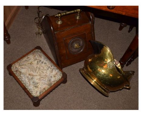 Late Victorian Aesthetic period brass-mounted oak coal scuttle, together with a brass coal helmet and an Ercol oak stool (3) 