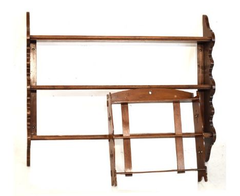 Oak three shelf plate rack with moulded fronts and shaped sides, 104cm wide, together with a smaller beech or fruitwood three