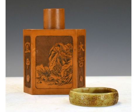 Chinese carved soapstone bangle together with a bamboo tea caddy   Condition: 