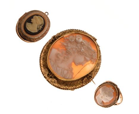 19th Century shell cameo brooch decorated with a bust length female portrait of Flora within git surround, together with a ye