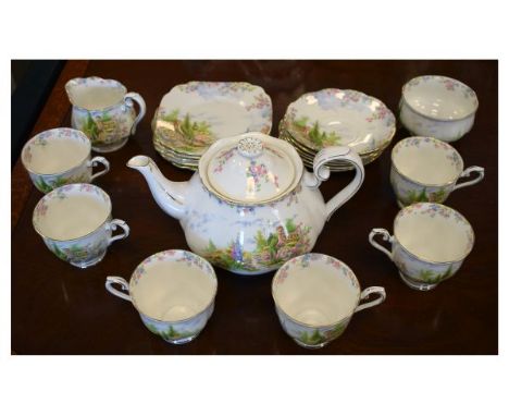 Royal Albert 'Kentish Rockery' pattern six person tea service comprising six each of cups, saucers and side plates, teapot, s