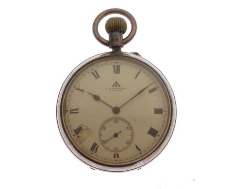 1930's British Military Issue silver cased pocket watch, the white Roman dial with broad arrow Ordnance mark below 12, subsid