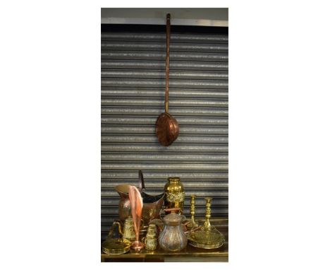 Selection of brass and copper ware to include; unusual Middle Eastern water bottle with five-pointed star decoration, copper 