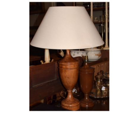 Treen - Two turned wooden urn shaped table lamp bases, one with shade   Condition: 