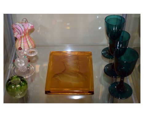 Collection of decorative 19th and early 20th Century glassware including three 'Bristol' green wines, a pink and white stripe