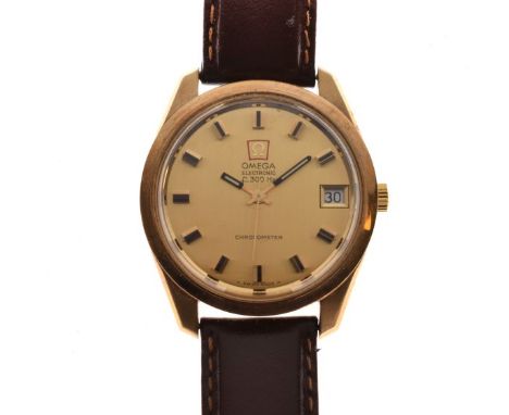 Omega - Gents 9ct gold electronic f300Hz Chronometer wristwatch with date at 3, associated brown leather strap with original 