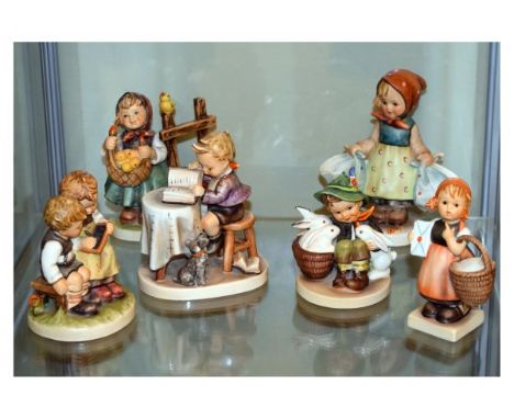 Six Goebel Hummel figures - Meditation, Playmates, Little Book Keeper, The Smart Little Sister, Mother's Darling and Chicken 