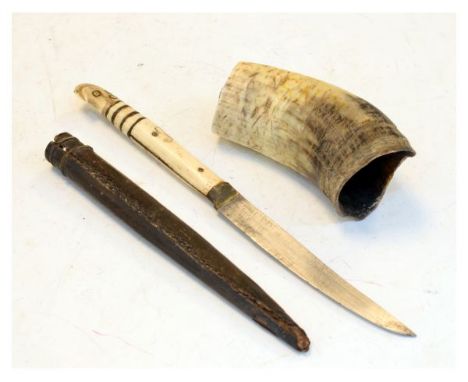 Ethnographica - Bone handled Inuit knife with leather scabbard, together with a section of scrimshaw decorated horn   Conditi