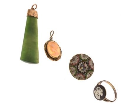 Four items of jewellery comprising a nephrite jade pendant with yellow metal mount, a micro mosaic brooch, Wedgwood carrier r