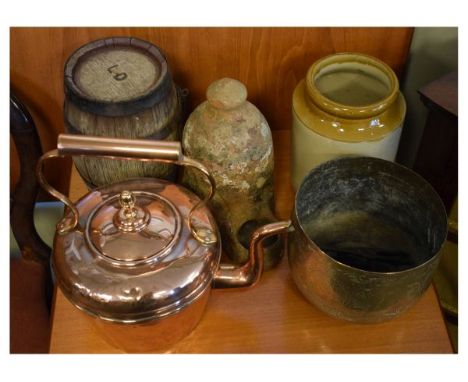 Assorted collectables to include; copper kettle, brass bowl, cast fox head door knocker, coopered miniature barrel, bird feed