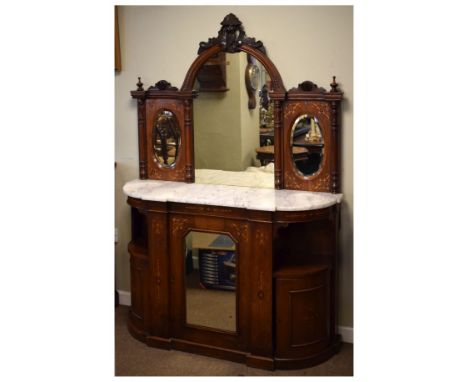 Victorian inlaid walnut credenza, the raised back fitted three mirrored panels interspersed by split pillars, carved pediment