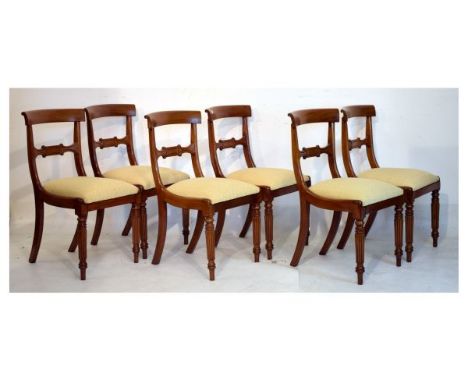 Set of six Victorian mahogany yoke back dining chairs, each having a bar back, drop-in seat upholstered in light brown and cr