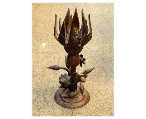 Mid 20th Century South East Asian carved wooden table lamp in the form of a flowering plant, the screw-threaded collar adjust