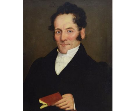 19th Century English School - Oil on canvas - Portrait of a cleric holding a book in his left hand, unsigned, 59.5cm x 49.5cm