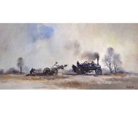 David Weston - Oil on canvas - Ploughing scene with steam traction engine, signed and dated 1970 lower right, 29.5cm x 59.5cm