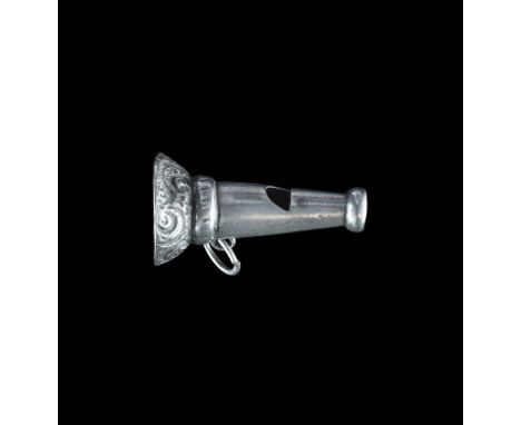 16th-17th century AD. A silver hawking whistle in the shape of a truncated trumpet; mouthpiece is a raised band attached to a