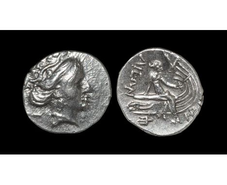 168-148 BC. Euboia. Obv: head of nymph Histiaia right, wreathed in ivy. Rev: HR monogram and IST-AIEWN legend anti-clockwise 