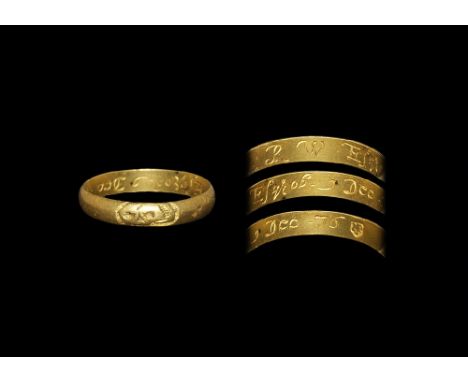 1676 AD. A gold memorial ring inscribed on the inside with RW Esqr ob 9 Dec 76 and with skull on the outside. 2.91 grams, 20.