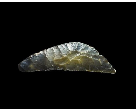 Neolithic, 4th-2nd millennium BC. A finely knapped bifacial curved flint sickle knife in a translucent dark brown mottled fli