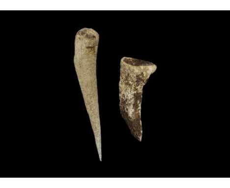 5th millennium BC or earlier. A pair of bone tools, one a straight round-section awl and the other curved and triangular in s
