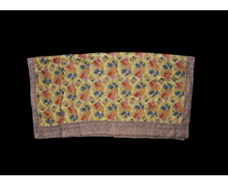 18th to early 20th century AD. A rectangular silk panel on a fabric backing, ochre-yellow field with blue, orange and pink fl