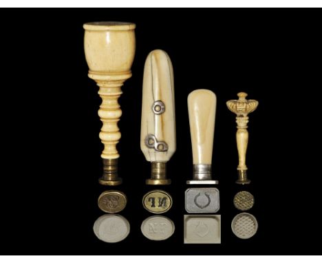 Late 19th century AD. A mixed group comprising: a small desk seal with turned and carved three-piece ivory handle, with gilt 