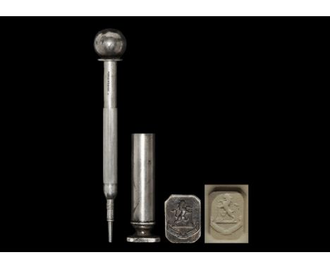 19th century AD. A desk seal with expanding propelling pencil concealed within the cylindrical handle by Sampson Mordan, with