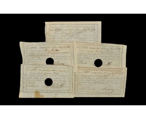 Dated 1789-1792 AD. Group comprising: State of Connecticut Comptroller's Office Certificates printed in black with floral bor