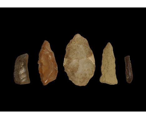 Neolithic, 6th-3rd millenium BC. A group of five knapped flint boring and scraping tools mounted on a card. 228 grams total, 