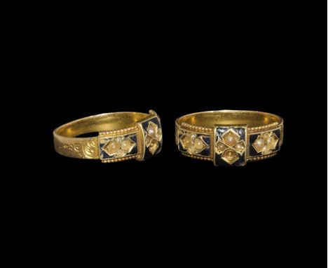 18th century AD. A flat-section gold hoop with rococo scrolls to the shoulders, three rectangular panels to the bezel with be
