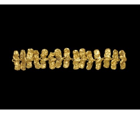 5th-3rd century BC. A bracelet formed as a chain of gold panels, each a repoussé plaque with lion-head detail to each rounded