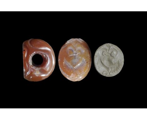 3rd-7th century AD. A carved agate seal matrix with ribbed outer face, intaglio design of a plant with fronds; supplied with 