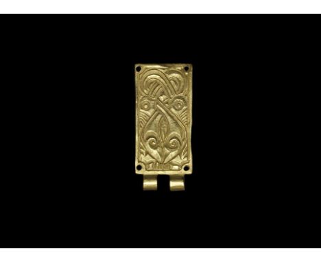 7th-9th century AD. A gold rectangular plate with double loop for the hinge; the plate pierced at each corner, decorated with