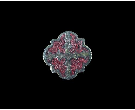 13th-15th century AD. A bronze horse harness in the shape of a heraldic quatrefoil shaped shield with gilt cross in the centr