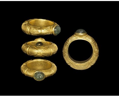 7th-9th century AD. A massive ceremonial ring, the heavy D-section band with a series of three stylised acanthus leaves with 