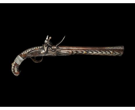 18th century AD. A smooth-bore pistol of native workmanship with substantial wooden stock, iron facetted 13mm bore barrel wit
