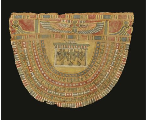 26th Dynasty, 624-525 BC. A D-shaped cartonage panel with painted design of the four sons of Horus seated within a rectangle,