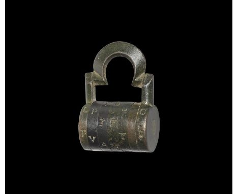 14th-15th century AD. A bronze barrel-shaped combination padlock with D-section bar and hoop; five tumblers with letters and 